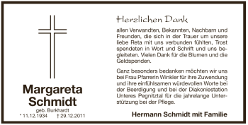 Traueranzeige von Margareta Schmidt von Pegnitz-Zeitung